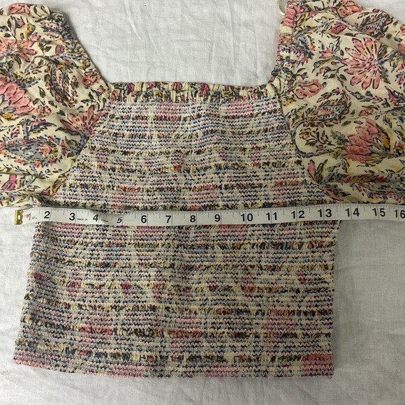 Talisman Square Neck Vintage Lotus Floral Print Smocked Firelight Cropped Top - Picture 10 of 10